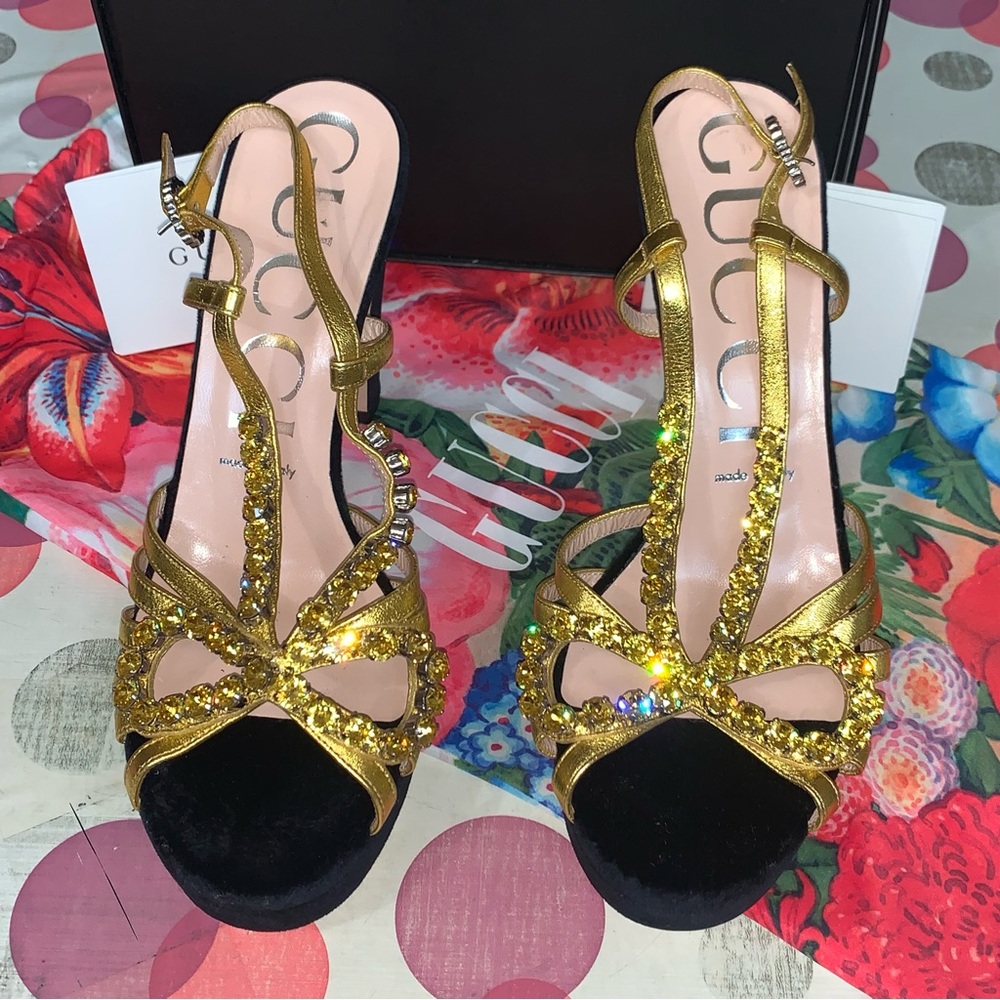 GUCCI Zephyra Crystal Embellished Ankle Strap Sandals Block Heel pump 38.5 sz 8